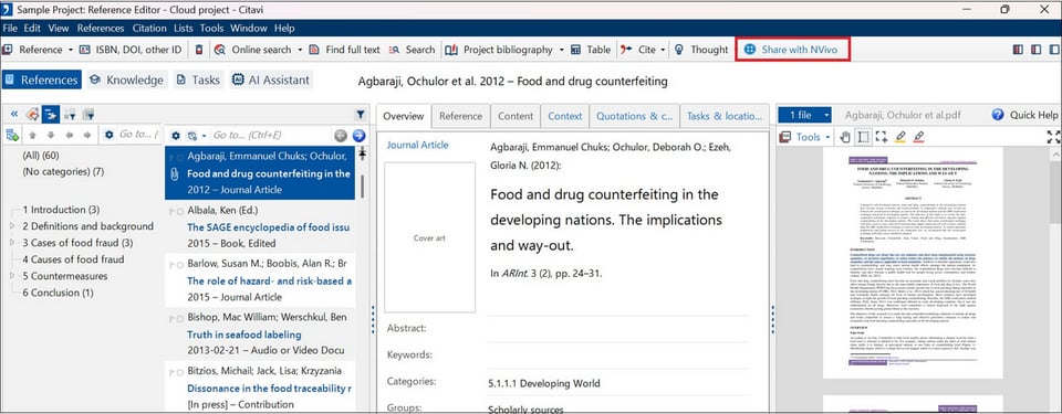 画面右上の [Share with NVivo] をクリック